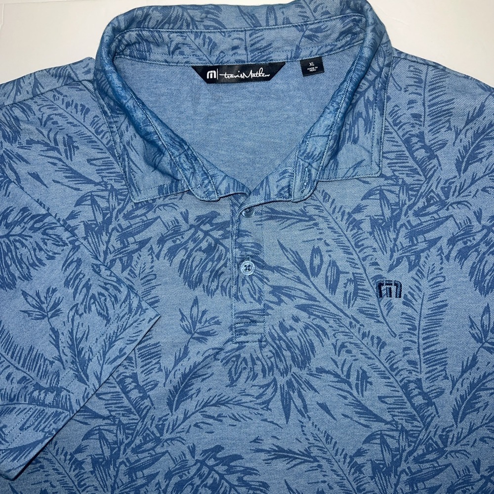Travis Mathew Forever Young‎ Golf Polo Shirt Men Size XL Slim Fit Blue Palm Leaf
